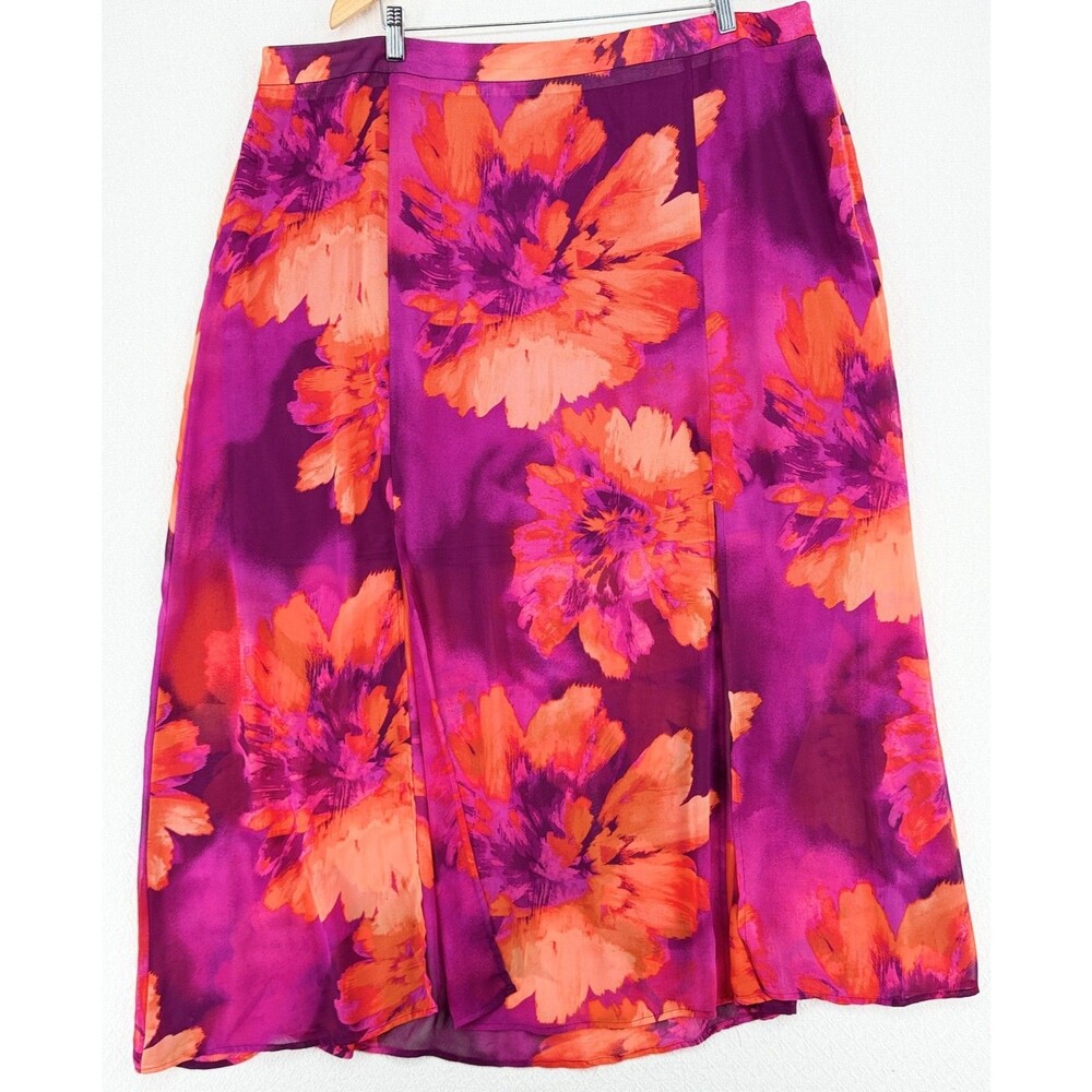Chico's Purple Orange‎ Floral Chiffon Maxi Skirt Side Slit Size 4 XL Plus Size